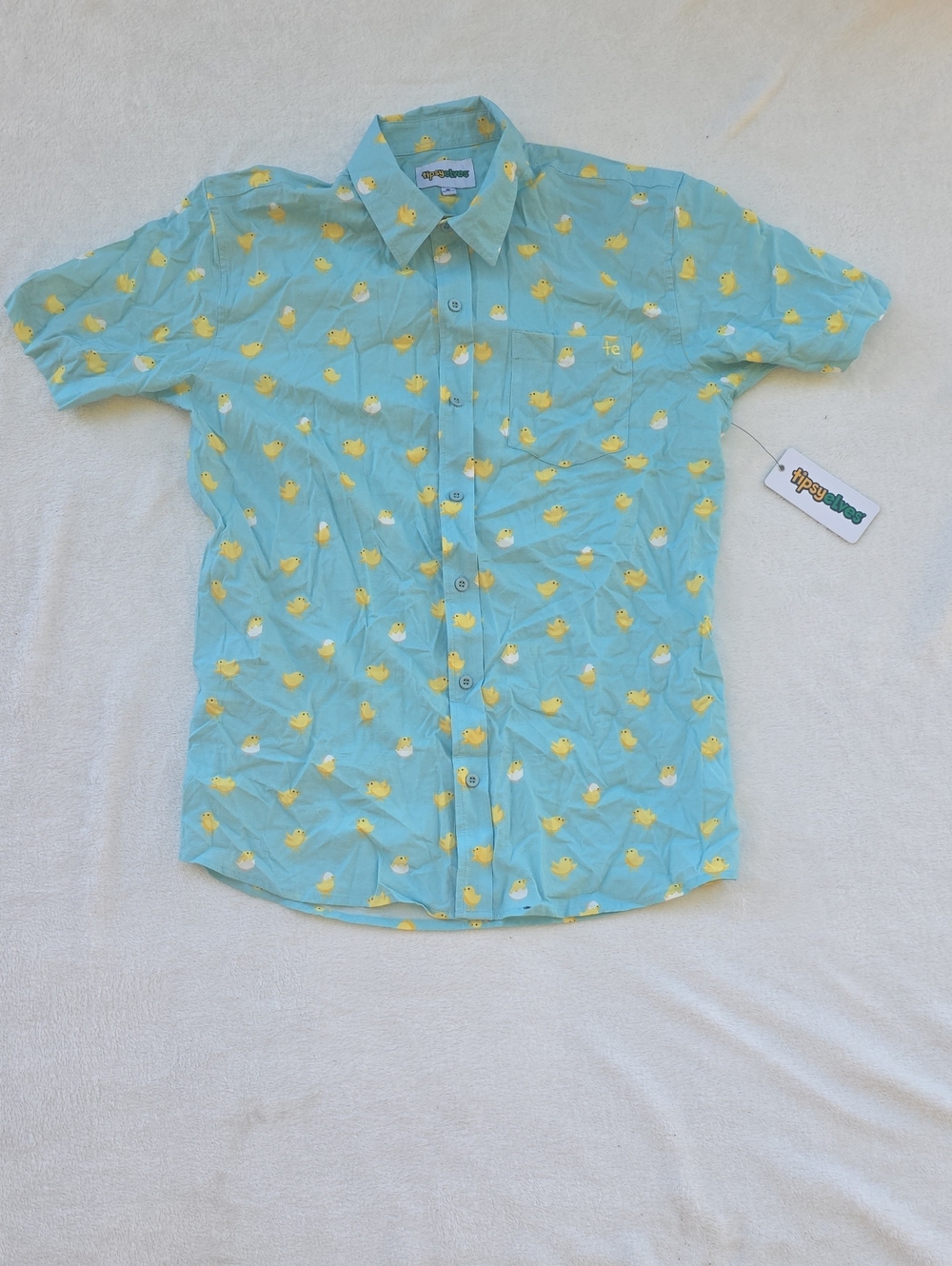 Tipsy Elves Light Blue Short Sleeve Button-Down with Yellow Chick Print